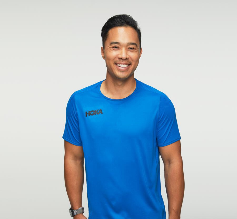 Hoka One One Top Panske Modre - Performance Short Sleeve - 62958-HJWF